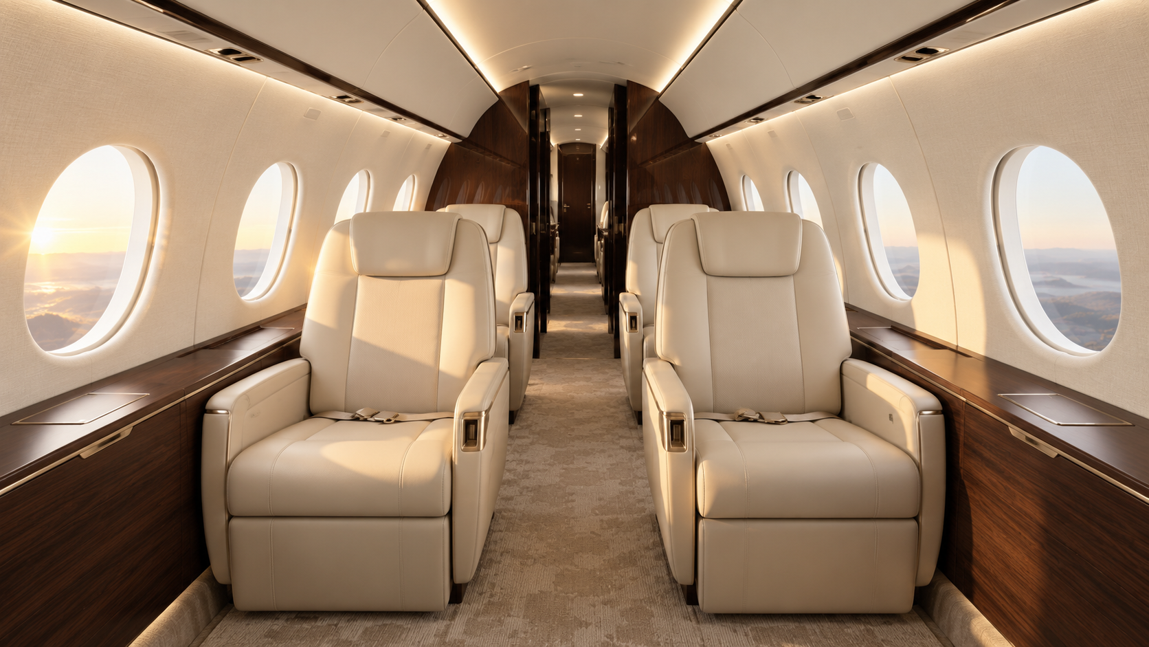 Private jet cabin with ivory leather seats